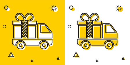 Black Delivery truck with gift icon isolated on yellow and white background. Random dynamic shapes. Vector Illustrationのイラスト素材