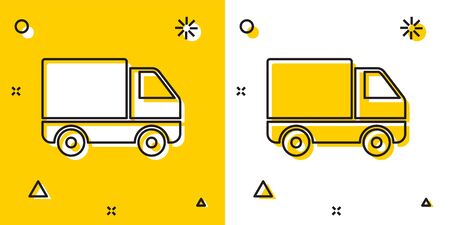 Black Delivery cargo truck vehicle icon isolated on yellow and white background. Random dynamic shapes. Vector Illustrationのイラスト素材