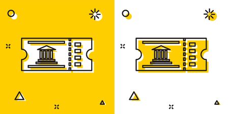 Black Museum ticket icon isolated on yellow and white background. History museum ticket coupon event admit exhibition excursion. Random dynamic shapes. Vector Illustrationのイラスト素材