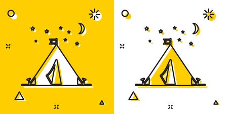 Black Tourist tent with flag icon isolated on yellow and white background. Camping symbol. Random dynamic shapes. Vector Illustrationのイラスト素材