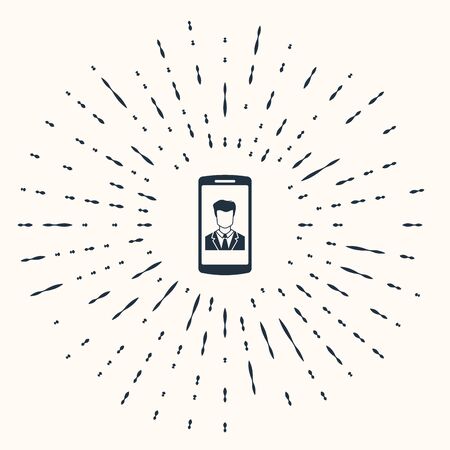 Grey Smartphone with contact on screen icon isolated on beige background. Incoming call. Human on phone screen. Call contact. Abstract circle random dots. Vector Illustrationのイラスト素材