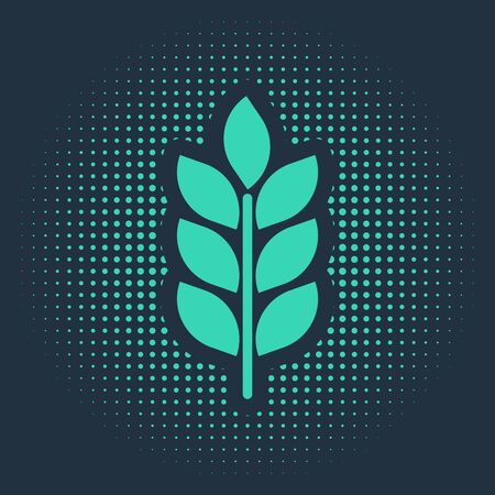 Green Cereals set with rice, wheat, corn, oats, rye, barley icon isolated on blue background. Ears of wheat bread symbols. Agriculture wheat. Abstract circle random dots. Vector Illustrationのイラスト素材