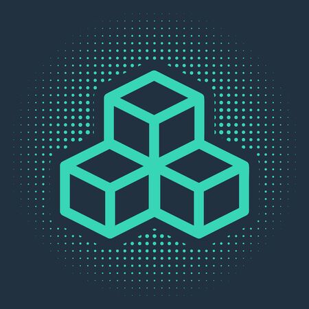 Green Isometric cube icon isolated on blue background. Geometric cubes solid icon. 3D square sign. Box symbol. Abstract circle random dots. Vector Illustrationのイラスト素材