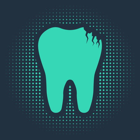 Green Broken tooth icon isolated on blue background. Dental problem icon. Dental care symbol. Abstract circle random dots. Vector Illustrationのイラスト素材