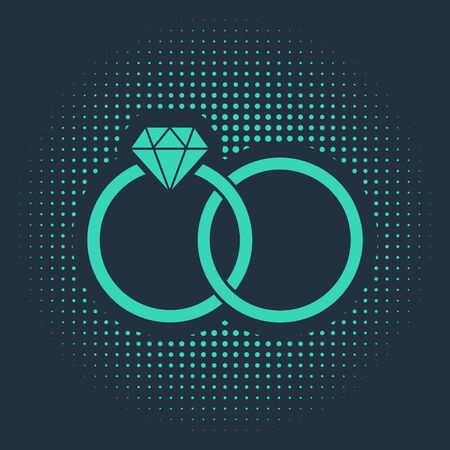 Green Wedding rings icon isolated on blue background. Bride and groom jewelery sign. Marriage icon. Diamond ring. Abstract circle random dots. Vector Illustrationのイラスト素材