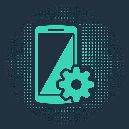 Green Setting on smartphone icon isolated on blue background. Mobile phone and gear. Adjusting, service, setting, maintenance, repair, fixing. Abstract circle random dots. Vector Illustrationのイラスト素材