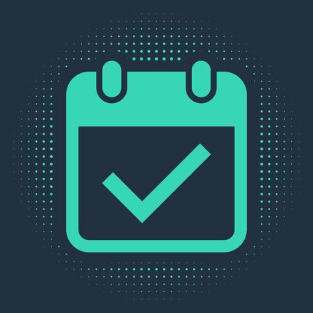 Green Calendar with check mark icon isolated on blue background. Abstract circle random dots. Vector Illustrationのイラスト素材