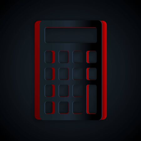 Paper cut Calculator icon isolated on black background. Accounting symbol. Business calculations mathematics education and finance. Paper art style. Vector Illustrationのイラスト素材