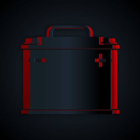 Paper cut Car battery icon isolated on black background. Accumulator battery energy power and electricity accumulator battery. Paper art style. Vector Illustrationのイラスト素材