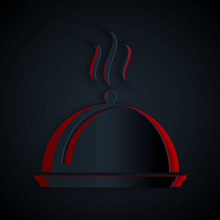 Paper cut Covered with a tray of food icon isolated on black background. Tray and lid sign. Restaurant cloche with lid. kitchenware symbol. Paper art style. Vector Illustrationのイラスト素材