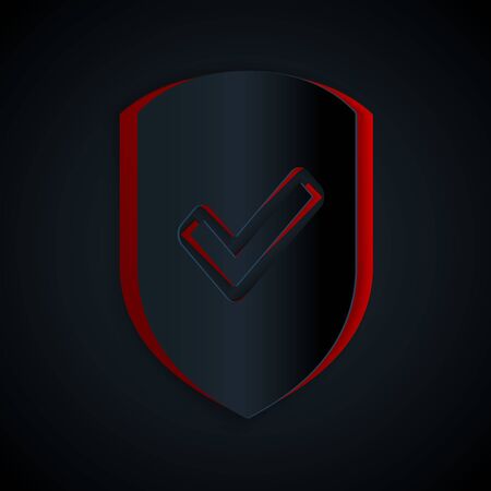 Paper cut Shield with check mark icon isolated on black background. Protection symbol. Security check Icon. Tick mark approved icon. Paper art style. Vector Illustrationのイラスト素材