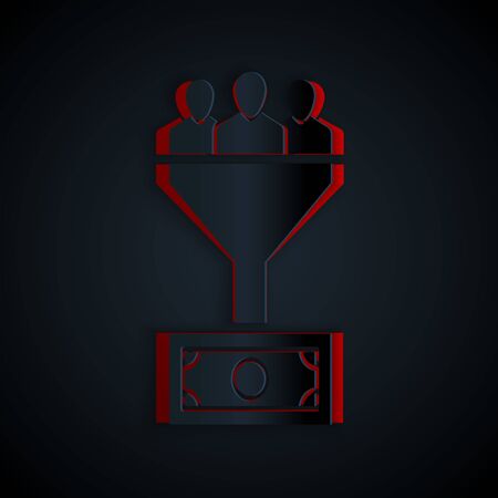 Paper cut Lead management icon isolated on black background. Funnel with people, money. Target client business concept. Paper art style. Vector Illustrationのイラスト素材
