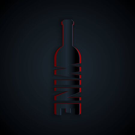 Paper cut Bottle of wine icon isolated on black background. Lettering bottle of wine. Paper art style. Vector Illustrationのイラスト素材