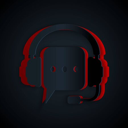 Paper cut Headphones with speech bubble icon isolated on black background. Support customer services, hotline, call center, guideline, maintenance. Paper art style. Vector Illustrationのイラスト素材