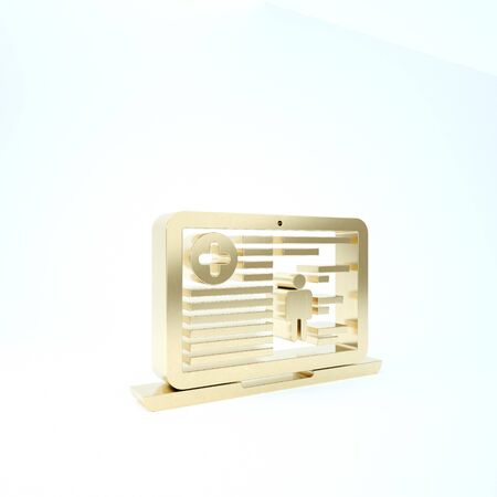 Gold Medical clinical record on laptop icon isolated on white background. Health insurance form. Prescription, medical check marks report. 3d illustration 3D renderの写真素材