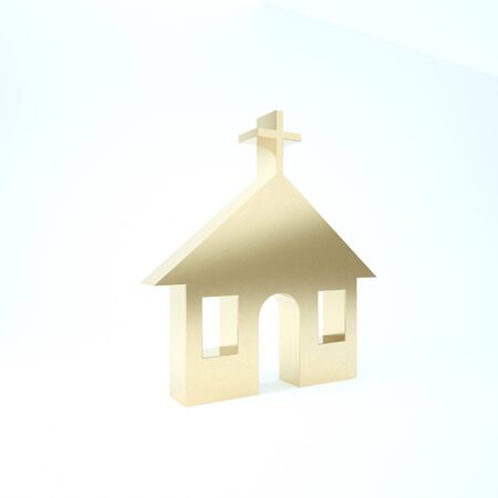 Gold Church building icon isolated on white background. Christian Church. Religion of church. 3d illustration 3D renderの写真素材