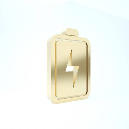 Gold Battery icon isolated on white background. Lightning bolt symbol. 3d illustration 3D renderの写真素材