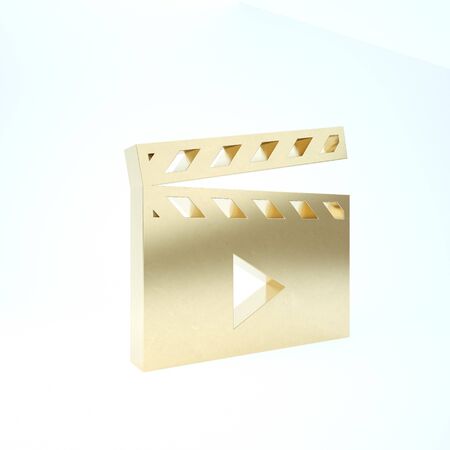 Gold Movie clapper icon isolated on white background. Film clapper board. Clapperboard sign. Cinema production or media industry concept. 3d illustration 3D renderの写真素材