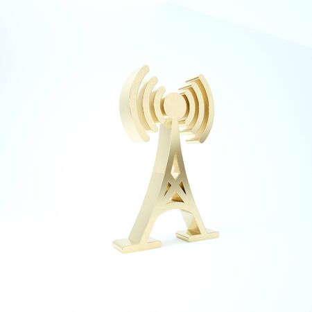 Gold Antenna icon isolated on white background. Radio antenna wireless. Technology and network signal radio antenna. 3d illustration 3D renderの写真素材