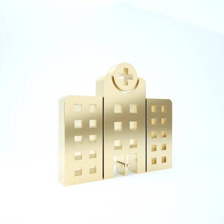 Gold Medical hospital building with cross icon isolated on white background. Medical center. Health care. 3d illustration 3D renderの写真素材