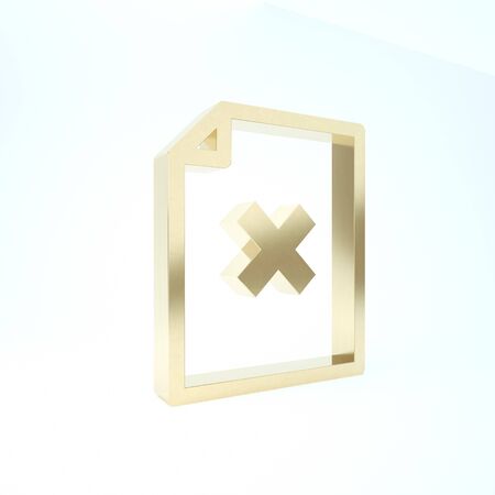 Gold Delete file document icon isolated on white background. Rejected document icon. Cross on paper. 3d illustration 3D renderの写真素材