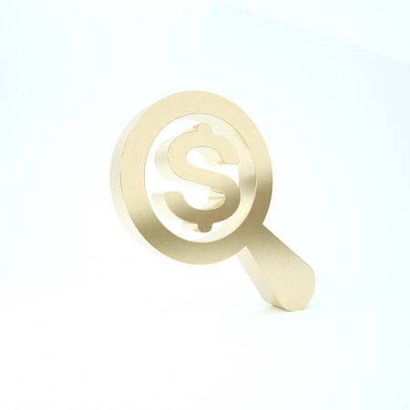 Gold Magnifying glass and dollar icon isolated on white background. Find money. Looking for money. 3d illustration 3D renderの写真素材