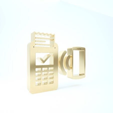 Gold POS terminal with printed reciept and confirms the payment by smartphone icon isolated on white background. NFC payment concept. 3d illustration 3D renderの写真素材