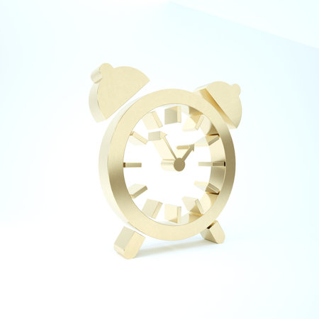Gold Alarm clock icon isolated on white background. Wake up, get up concept. Time sign. 3d...