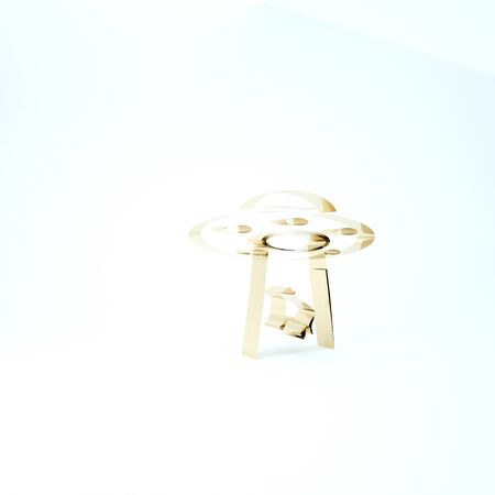 Gold UFO abducts cow icon isolated on white background. Flying saucer. Alien space ship. Futuristic unknown flying object. 3d illustration 3D renderの写真素材