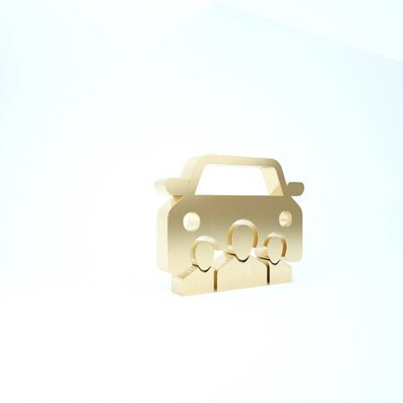 Gold Car sharing with group of people icon isolated on white background. Carsharing sign. Transport renting service concept. 3d illustration 3D renderの写真素材