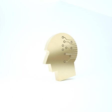 Gold Human brain as digital circuit board icon isolated on white background. Artificial Intelligence. Human head outline with circuit lines inside. 3d illustration 3D renderの写真素材