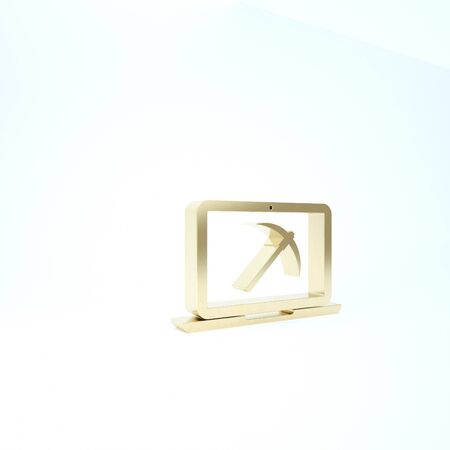 Gold Mining concept with laptop and pickaxe icon isolated on white background. Blockchain technology, cryptocurrency mining, digital money market. 3d illustration 3D renderの写真素材