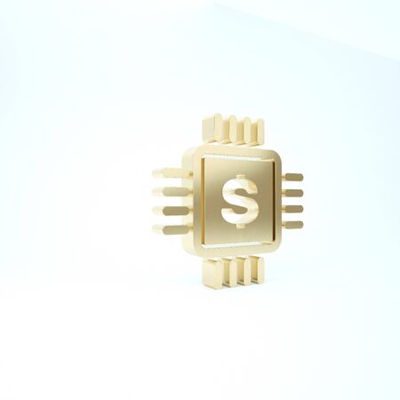 Gold Processor chip with dollar icon isolated on white background. CPU and a dollar sign. 3d illustration 3D renderの写真素材