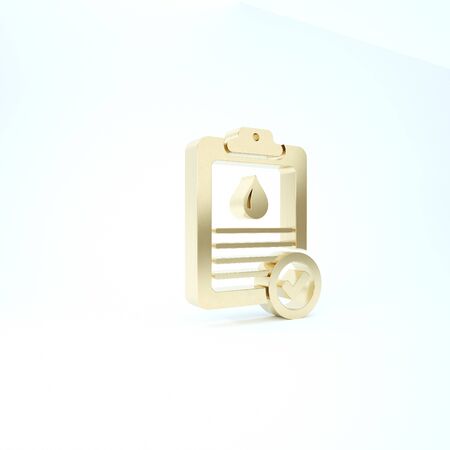 Gold Medical clipboard with blood test results icon isolated on white background. Clinical record, prescription, medical check marks report. 3d illustration 3D renderの写真素材