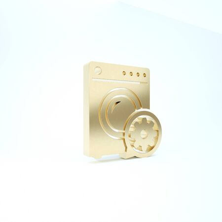 Gold Washer and gear icon isolated on white background. Adjusting app, service concept, setting options, maintenance, repair, fixing. 3d illustration 3D renderの写真素材
