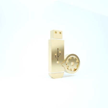 Gold USB flash drive and gear icon isolated on white background. Adjusting app, service concept, setting options, maintenance, repair, fixing. 3d illustration 3D renderの写真素材