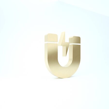 Gold Magnet with lightning icon isolated on white background. Horseshoe magnet, magnetism, magnetize, attraction sign. 3d illustration 3D renderの写真素材