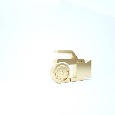 Gold Video camera and gear icon isolated on white background. Adjusting app, service concept, setting options, maintenance, repair, fixing. 3d illustration 3D renderの写真素材