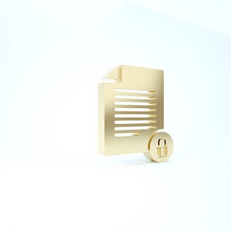 Gold Document and lock icon isolated on white background. File format and padlock. Security, safety, protection concept. 3d illustration 3D renderの写真素材