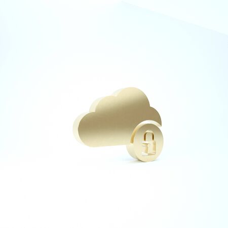 Gold Cloud computing lock icon isolated on white background. Security, safety, protection concept. 3d illustration 3D renderの写真素材