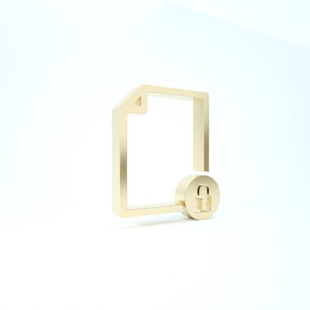 Gold Document and lock icon isolated on white background. File format and padlock. Security, safety, protection concept. 3d illustration 3D renderの写真素材