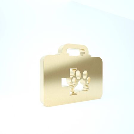 Gold Pet first aid kit icon isolated on white background. Dog or cat paw print. Clinic box. 3d illustration 3D renderの写真素材