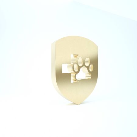 Gold Animal health insurance icon isolated on white background. Pet protection icon. Dog or cat paw print. 3d illustration 3D renderの写真素材