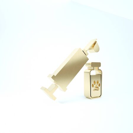 Gold Syringe with pet vaccine icon isolated on white background. Dog or cat paw print. 3d illustration 3D renderの写真素材