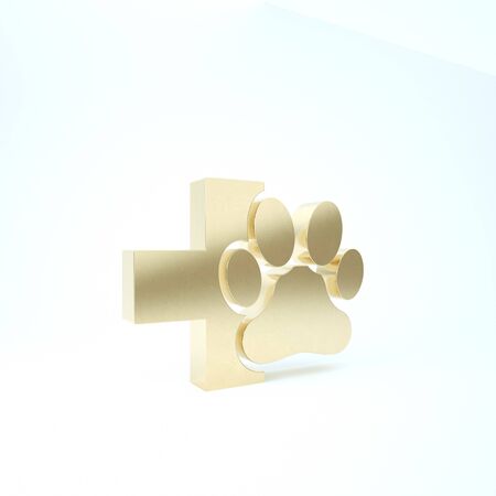 Gold Veterinary clinic symbol icon isolated on white background. Cross hospital sign. A stylized paw print dog or cat. Pet First Aid sign. 3d illustration 3D renderの写真素材