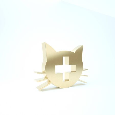 Gold Veterinary clinic symbol icon isolated on white background. Cross with cat veterinary care. Pet First Aid sign. 3d illustration 3D renderの写真素材