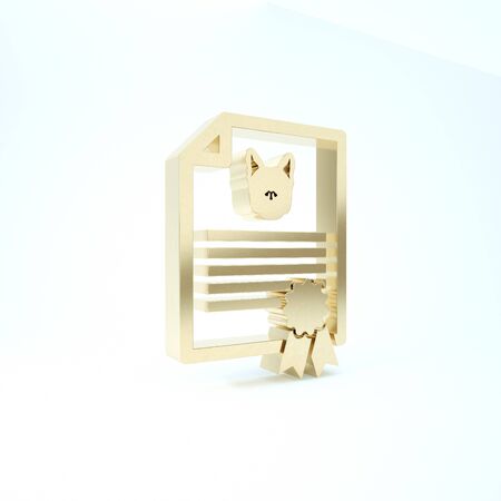 Gold Medical certificate for travel with dog or cat icon isolated on white background. Document for pet. Dog or cat paw print. 3d illustration 3D renderの写真素材