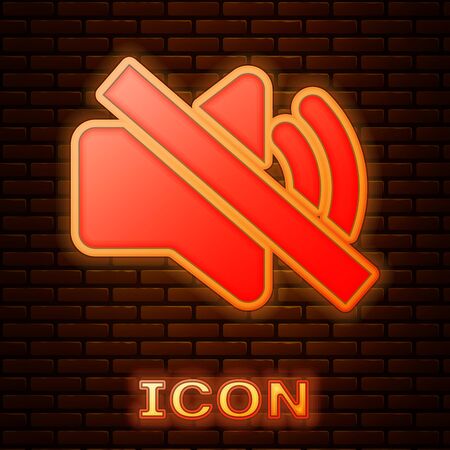 Glowing neon Speaker mute icon isolated on brick wall background. No sound icon. Volume Off symbol. Vector Illustrationのイラスト素材