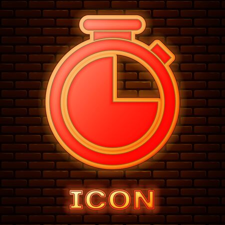 Glowing neon Stopwatch icon isolated on brick wall background. Time timer sign. Vector Illustrationのイラスト素材