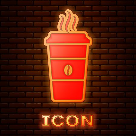 Glowing neon Coffee cup icon isolated on brick wall background. Disposable coffee cup with hot coffee. Vector Illustrationのイラスト素材